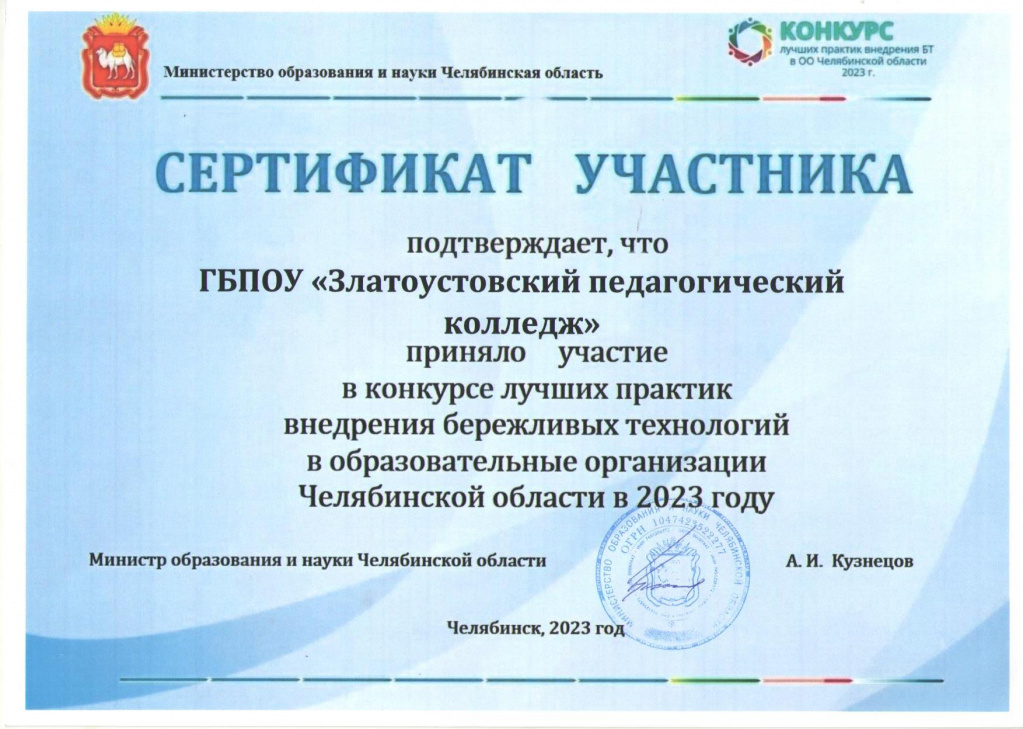 Сертификат участника в конкурсе лучших практик внедрения бережливых технологий в образовательных организациях